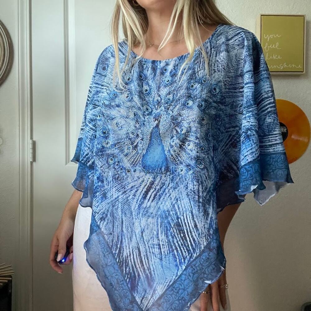 Vintage Y2K 2000s B.L.E.U Sheer Embellished Peacock All Over Print Shrug Sz M